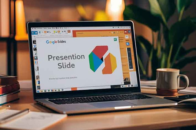 laptop diatas meja tampak dilayar membuka slide presentasi di google slide laptop diatas meja tampak dilayar membuka slide presentasi di google slide