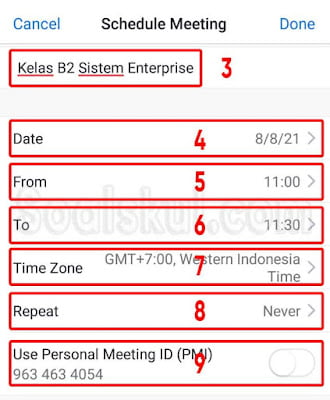 langkah 3-9 menjadwalkan zoom di hp